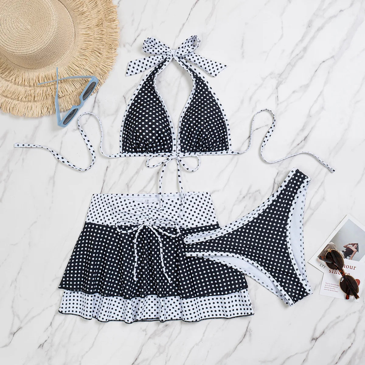 LIZAKOSHT  -  Summer Women Bikini Set Sexy Polka Dot Print Strap Sexy Wearing A Cover Skirt Three Piece Vacation Cute Girl Swimsuit Set