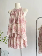 Lizakosht Elegant Ink Printed Skirt Suit Halter Swing Sleeveless Ruffles Top + Mini Pleated Skirt Casual Fashion Summer Two-piece Outfit