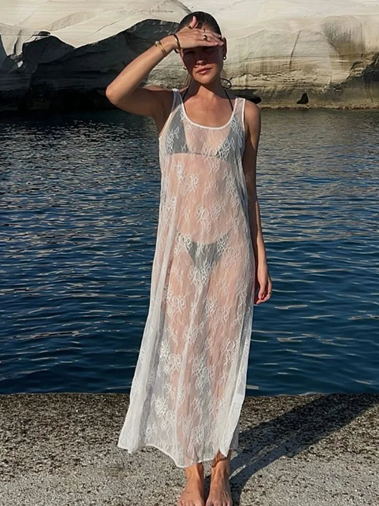 LIZAKOSHT  -  Perspective Lace Cover Up Dress Hollow Out Mesh Sexy Halter Loose See Through Women Suspender Long Dresses Spring Summer New