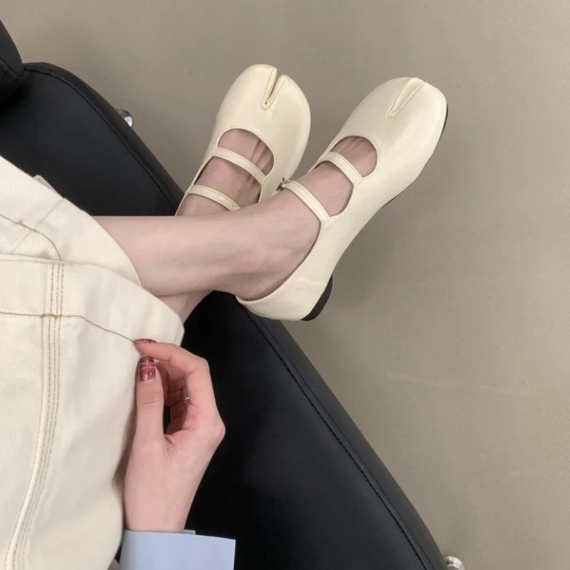LIZAKOSHT  -  Spring New Tabi Ninja Shoes Women Round Spilt Toe Shallow Buckle Ballet Shoes Fashion Eelgant Low Heels Mary Jane Single Shoes