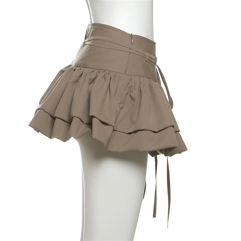 LIZAKOSHT  -  2025 Maillard Style Y2K Retro Brown Hot Girl 2 Piece Sexy Skirt Suit U Collar Sleeveless Bodysuit+Drawstring Pleated Skirts
