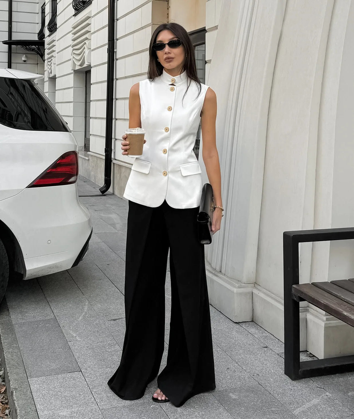 LIZAKOSHT  -  Women Sleeveless Blazer Vest White Office Waistcoat Slim Fit Workwear Summer Business Casual Top Elegant Stand Collar