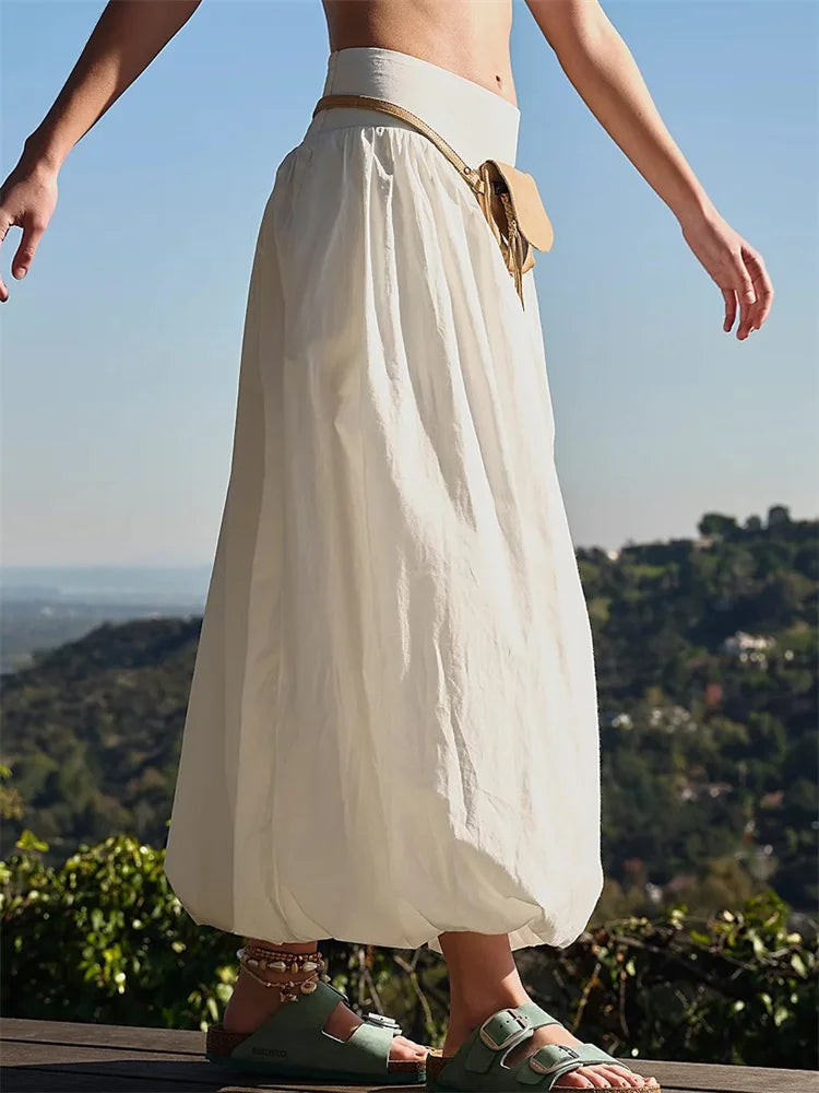 LIZAKOSHT  -  Women Long Maxi Skirts Casual Loose Fit Elastic Waist Solid Color Ruched Pleated Skirts for Summer Spring Streetwear
