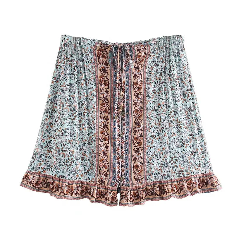 LIZAKOSHT  -  Lacing up V neck Flower Shirt Ethnic Women Elastic Waist Maxi Long Skirts Long Sleeve Blouse Holiday 2 Pieces Set