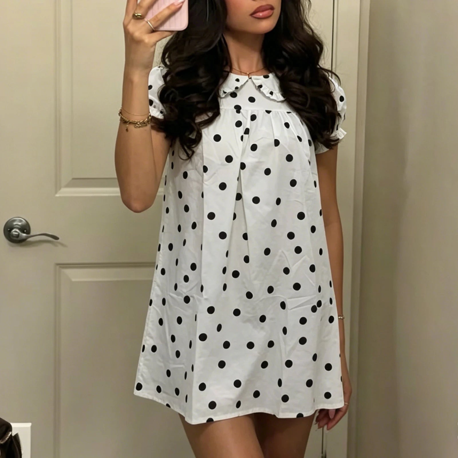LIZAKOSHT  -  Women Y2k Fairy Babydoll Short Dress Doll Collar Bubble Puff Sleeve Cute Mini Dress Teen Girl Preppy Sundress Beachwear
