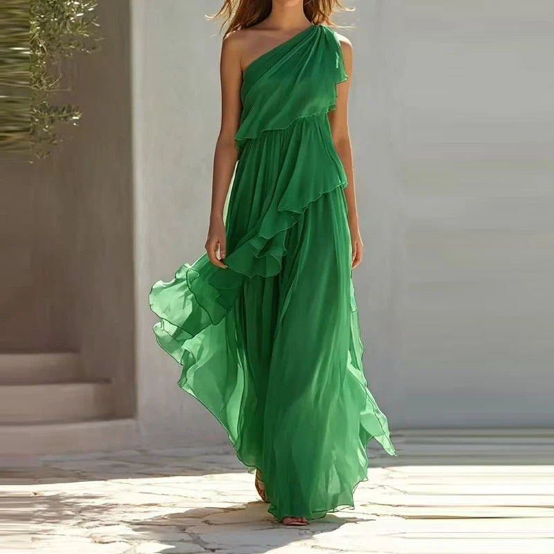 LIZAKOSHT  -  Sexy Tiered Ruffle Draped Formal Party Dress Women Elegant Asymmetrical Solid Gowns Sleeveless Slanted Shoulder Bridesmaid Dress