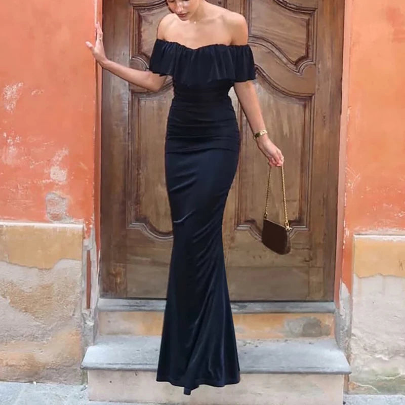 LIZAKOSHT  -  Fashion Hight Waist Draped Long Dress Lady Elegant Off Shoulder Bodycon Gown Women Casual Short Sleeve Solid Slim Birthday Dress