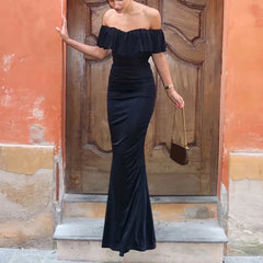 LIZAKOSHT  -  Fashion Hight Waist Draped Long Dress Lady Elegant Off Shoulder Bodycon Gown Women Casual Short Sleeve Solid Slim Birthday Dress