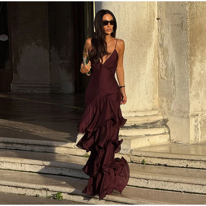 LIZAKOSHT  -  Sexy Solid Ruffles Sling Dress Women Sleeveless Backless Empire V-neck Long Party Dresses Female Spring Chic Lady A-line Robes