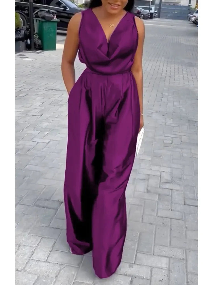 LIZAKOSHT  -  Deep V-Neck Jumpsuits Sexy Elegant Sleeveless Jumpsuit for Women New Loose High Waist Wide Leg Purple One-piece Pants