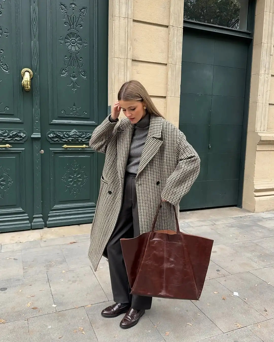 LIZAKOSHT  -  Double Breasted Plaid Pattern Woolen Overcoat Women Fashion Lapel Long Sleeve Loose Coats Lady Winter Daily Commute Coat