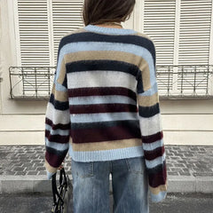  LIZAKOSHT  -  Women Multicolor Block Stripe Crew Neck Knit Sweater Loose Long Sleeve Pullover