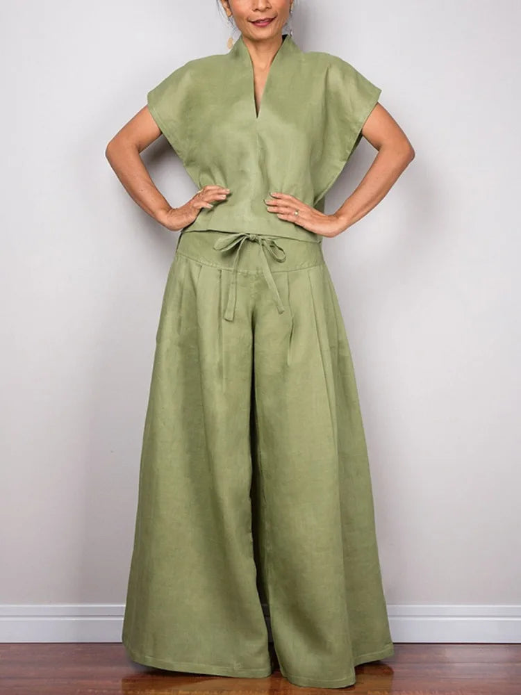 LIZAKOSHT  -  Women's Cotton and Linen Casual Pants Elastic High Waist Full Length Wide Leg Trousers Summer Loose Fit Bottoms