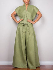 LIZAKOSHT  -  Women's Cotton and Linen Casual Pants Elastic High Waist Full Length Wide Leg Trousers Summer Loose Fit Bottoms