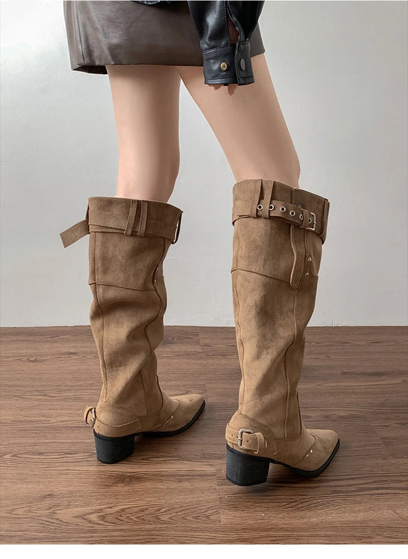 LIZAKOSHT  -  Vintage Rivet Hottie Women Knee-High Boots Fashion Belt Buckle Female Pleated Knight Long Booties Shoes