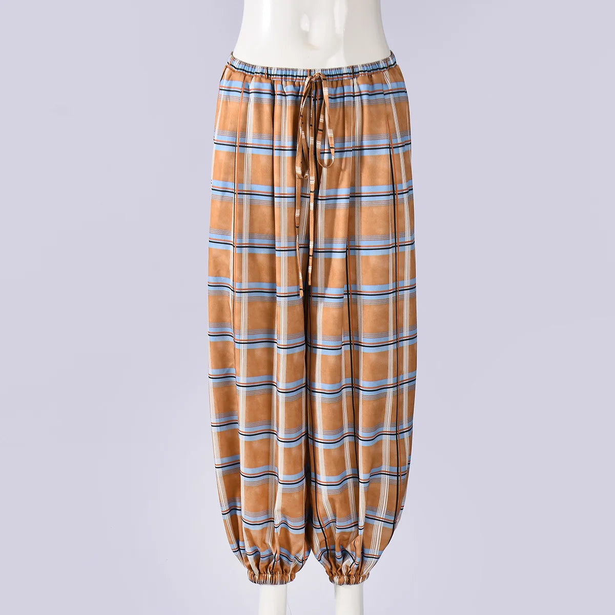 LIZAKOSHT  -  Y2K Vintage Plaid Printed Loose Pants Women Boho Ramie Bloomers Female Fashion Versatile Drawstring Streetwear Casual Trousers