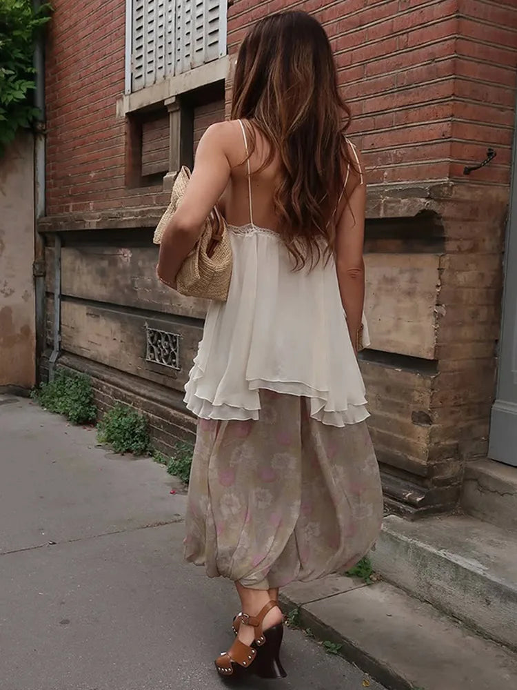 LIZAKOSHT  -  summer Women Loose-fitting Vest Casual Scoop Neck Sweet Spaghetti Strap Chiffon Blouses Ladies Ruffle Hem Flowy Cami Top