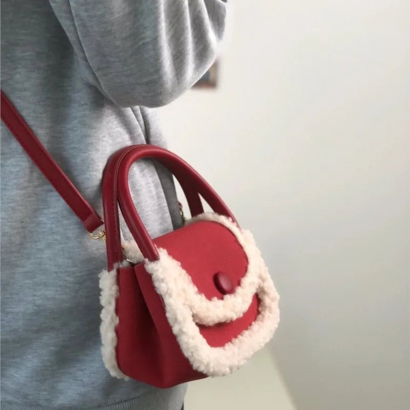 LIZAKOSHT  -  Korean Style Retro Lamb Wool Handbag Women Sweet Cute Square Crossbody Bag Ladies Christmas New Year Red Crossbody Bag
