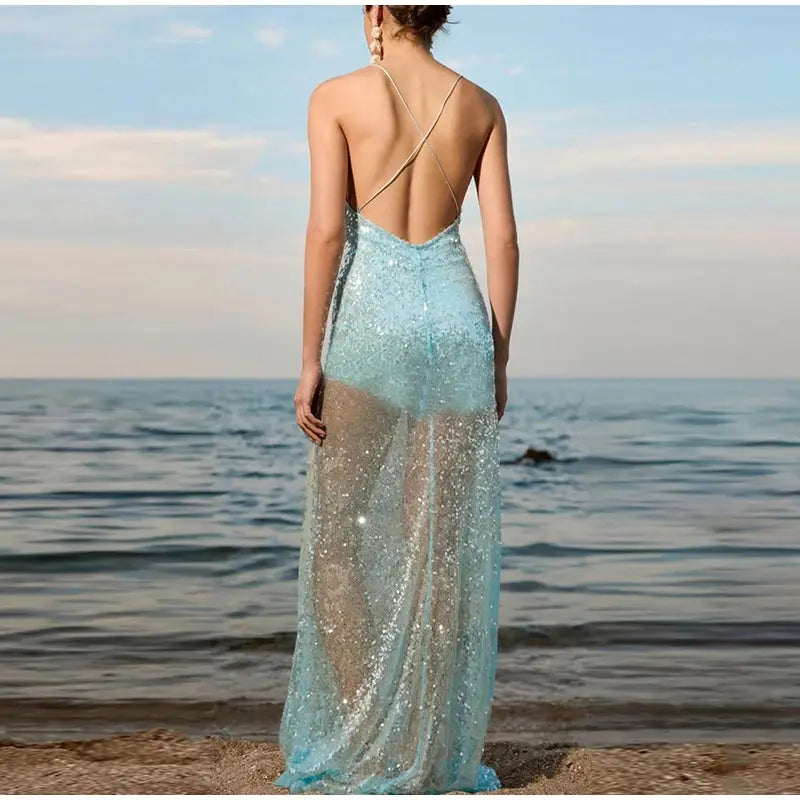 LIZAKOSHT  -  Fashion Solid Sequined Slip Maxi Dress For Women Sexy Sleeveless Backless Floor-length Dress Lady Shinning Evening Vestidos