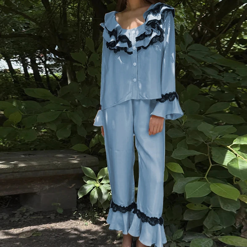 LIZAKOSHT  -  Women Satin Silk Pajamas Lace Trim Long Sleeve Turn Down Ruffles Button Up Blouse Tops + Pants Lounge 2 Pcs Set