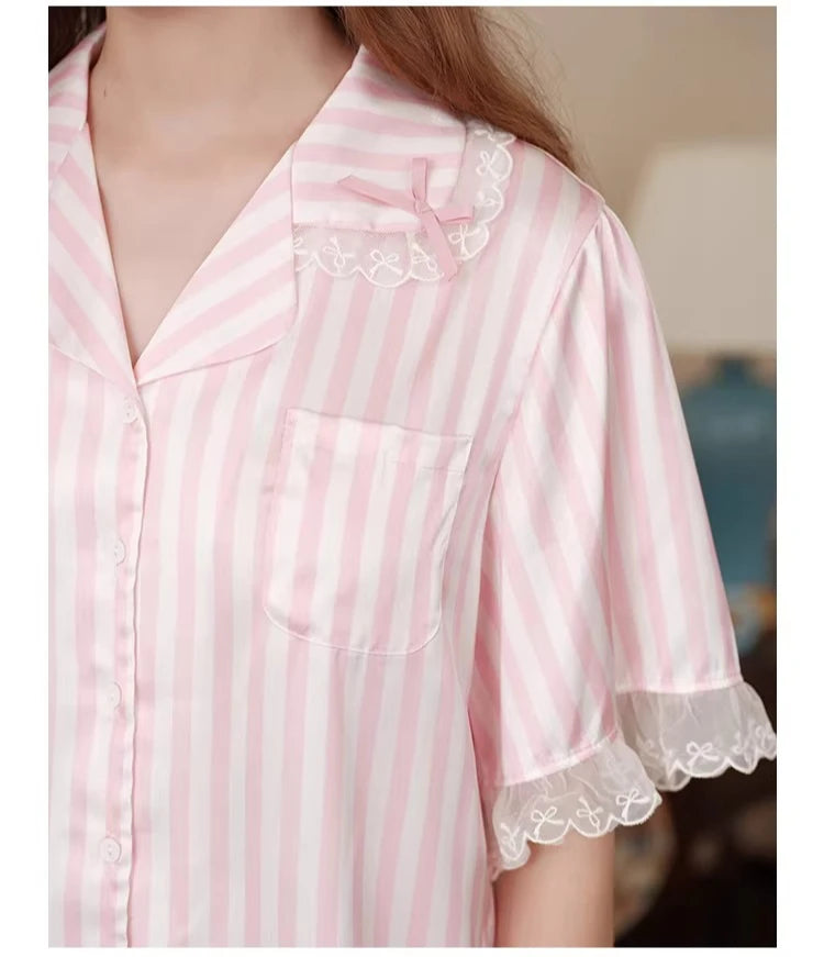 LIZAKOSHT  -  Pink Short-sleeved Loungewear Suit Sexy Women 2 Piece Outfit French Striped Silk Lace Top Shorts Set Casual Pajamas Tracksuit