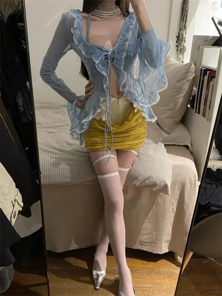 LIZAKOSHT  -  Two Pieces Set Halter Lace Patchwork Slim Sweet Bandage Blouse + Women Y2k Aesthetic Streetwear Pleated Grunge Mini Skirts