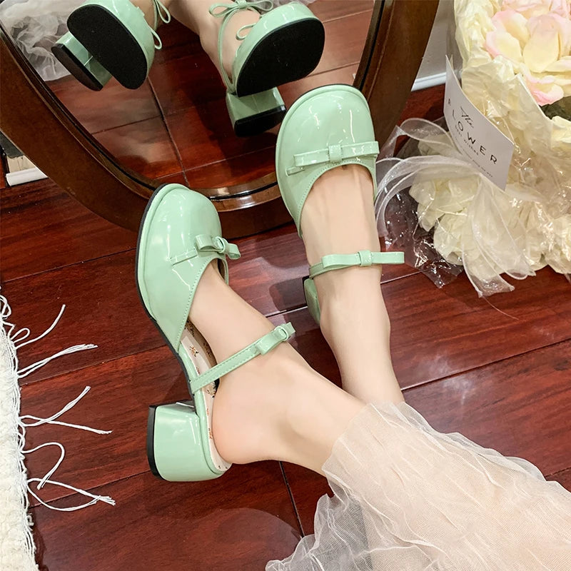 LIZAKOSHT  -  Summer Butterfly-knot Cover Toe Women Slippers Elegant Thick Heel Dress Slides Ladies Concise Slingback Dress Sandals Mule Shoes