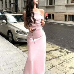 LIZAKOSHT  -  Satin Sexy Off Shoulder Dress Women Pink Skinny Elegant Soft Dress Classic Fashion Party Evening Gown Sleeveless Lady Vestidos
