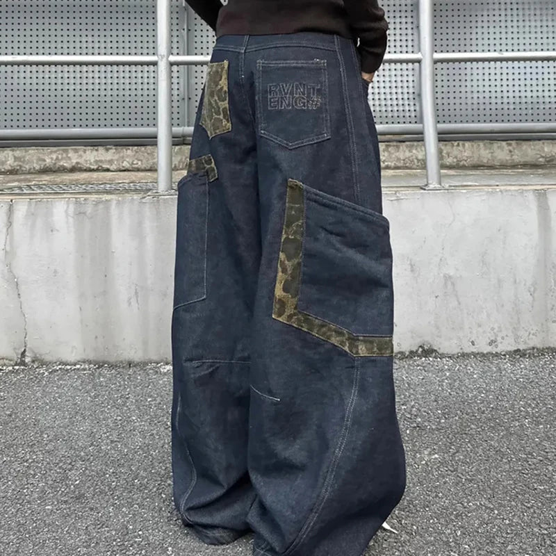 LIZAKOSHT  -  Women Streetwear Wide Leg Jeans Harajuku Camouflage Leopard Patchwork Denim Pants American Vintage Hottie Y2K Machete Trousers