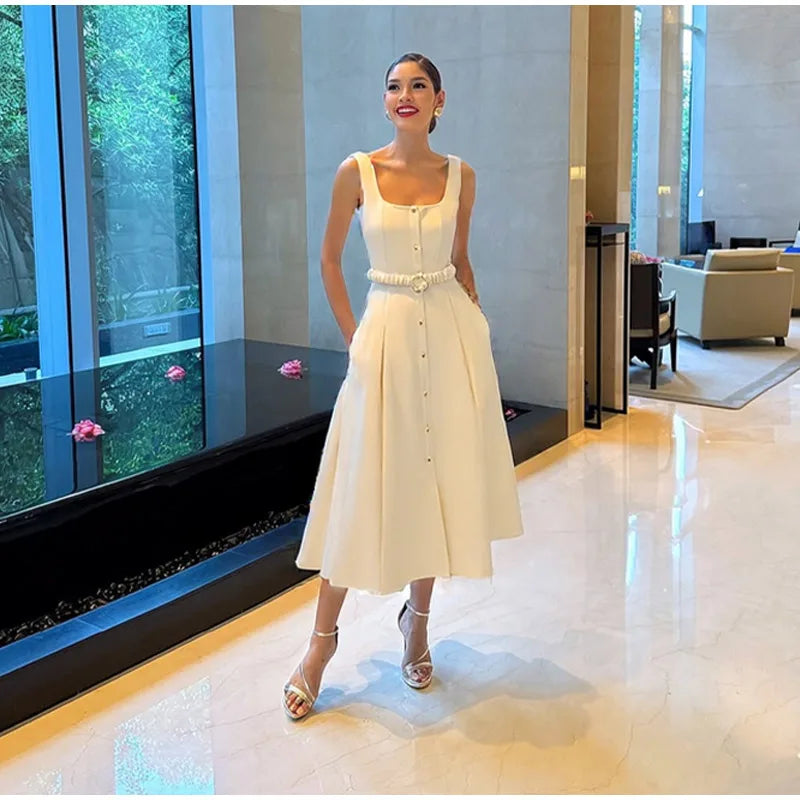 LIZAKOSHT  -  Elegant Single-Breasted Belt Sling Dress Women Fashion Sleeveless Waist-Cinching Pleated Robe 2025 Female Office New Dresses