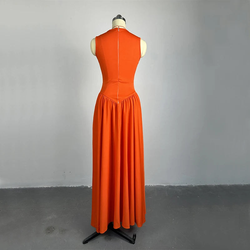 LIZAKOSHT  -  Women O Neck Summer Sleevelss Cut Out Low Waist Elegant Holiday Party Pleated A Line Sundress Chic Elastic Femme Maxi Robe
