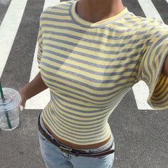 LIZAKOSHT  -  Striped T-shirt Women's Summer Asian Fashion Waist Cinched Mid Sleeved Top Pullover