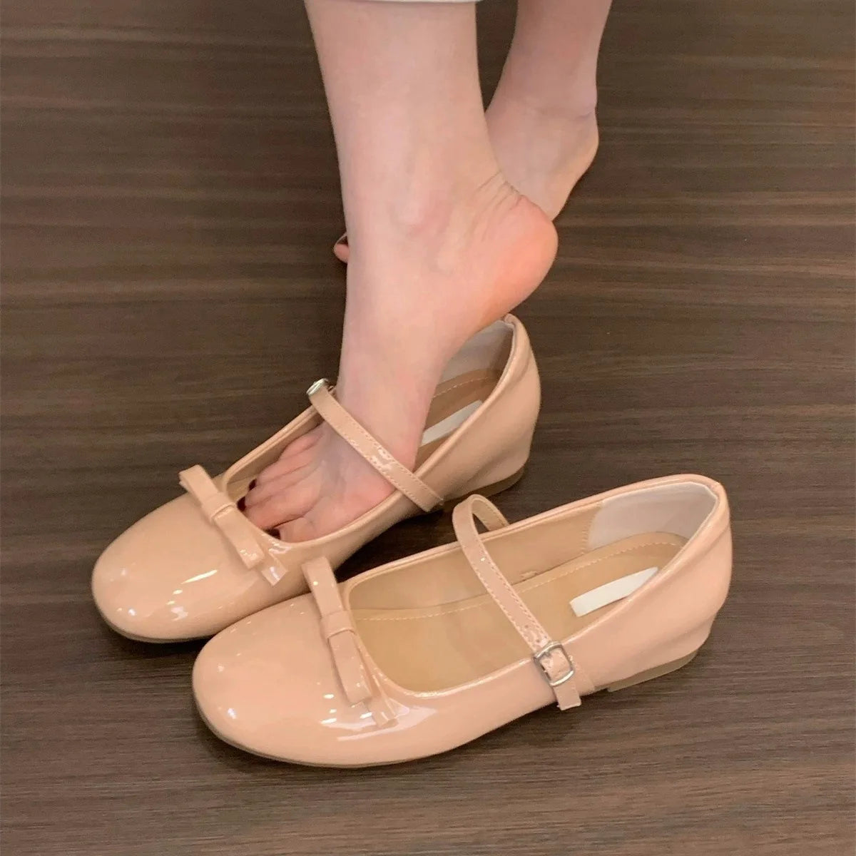 LIZAKOSHT  -  women bouble bowtie flats japanned leather ballerina shoes height increasing bowknot ankle strap loafers women slip on wedges
