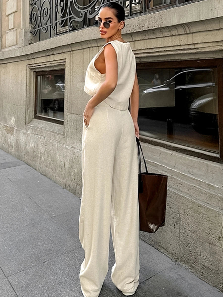 LIZAKOSHT  -  Summer Womem Fashion Round Neck Sleeveless Top Pants Suit Two-Piece Set Office Ladies Chic Pants Suits Womens Outfits
