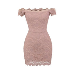 LIZAKOSHT  -  Pure Desire Style Sexy One-word Collar Slim-fit Lace Hollow Waist Hip Skirt Short Sleeve Dress Short Skirt Women's Clothing