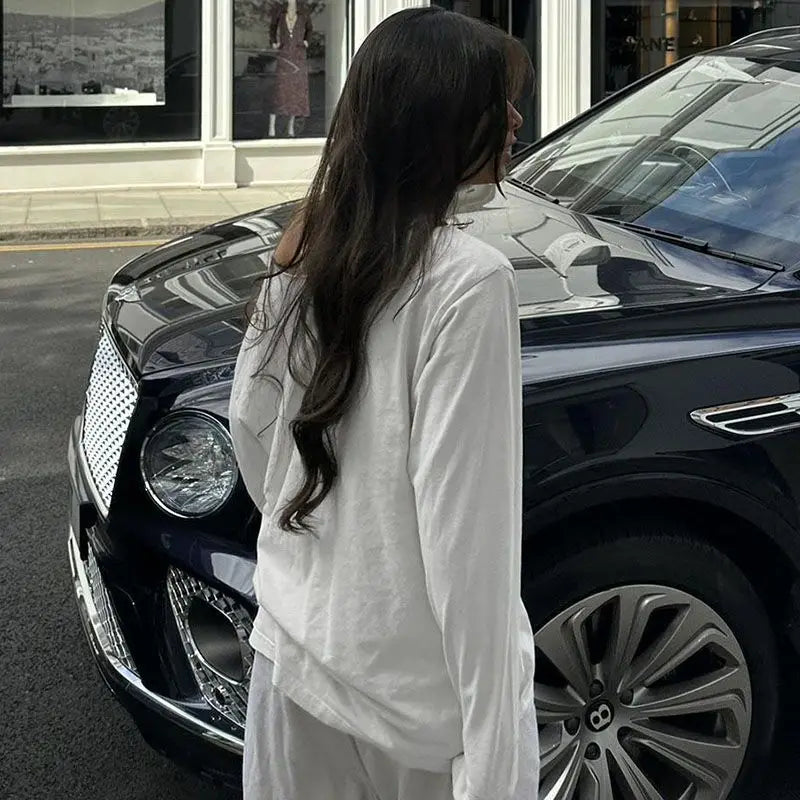 LIZAKOSHT  -  Long-Sleeved Slant Collar Off-Shoulder Solid Color Basic Versatile Loose Sweatshirt Women'S Lazy Style Slimming Outer Top