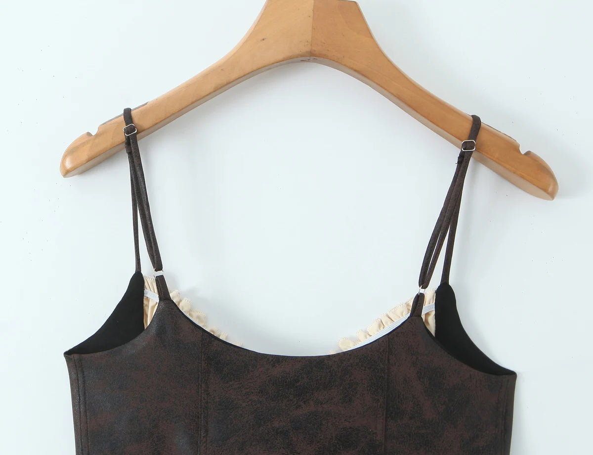 LIZAKOSHT  -  Sexy Brown Patchwork Wood ears Bra Corset Camis Women Cross Lacing up Bandage Bow Front Crop Top Camisoles Bra Tank Vest