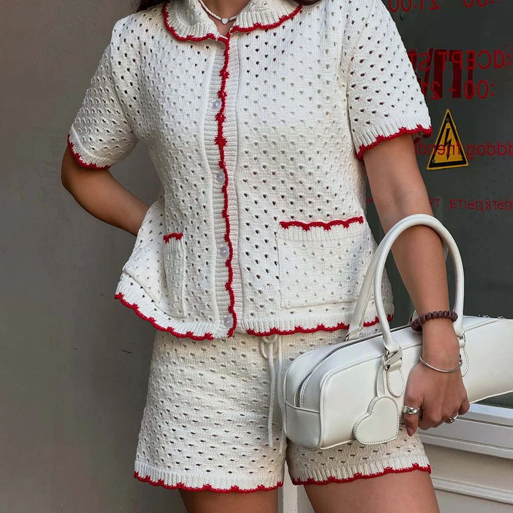 LIZAKOSHT  -  Knitted Shorts Set Fashion Casual Clashing Cardigan Top Lace Up Shorts Set Women  Vacation Sports Knitted Shorts Set