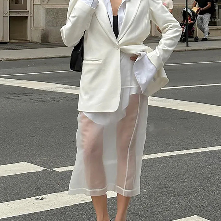 LIZAKOSHT  -  White Mesh Half Skirt Design Sense Small and Medium Length High Waist Straight Tube Skirt Women's Wear