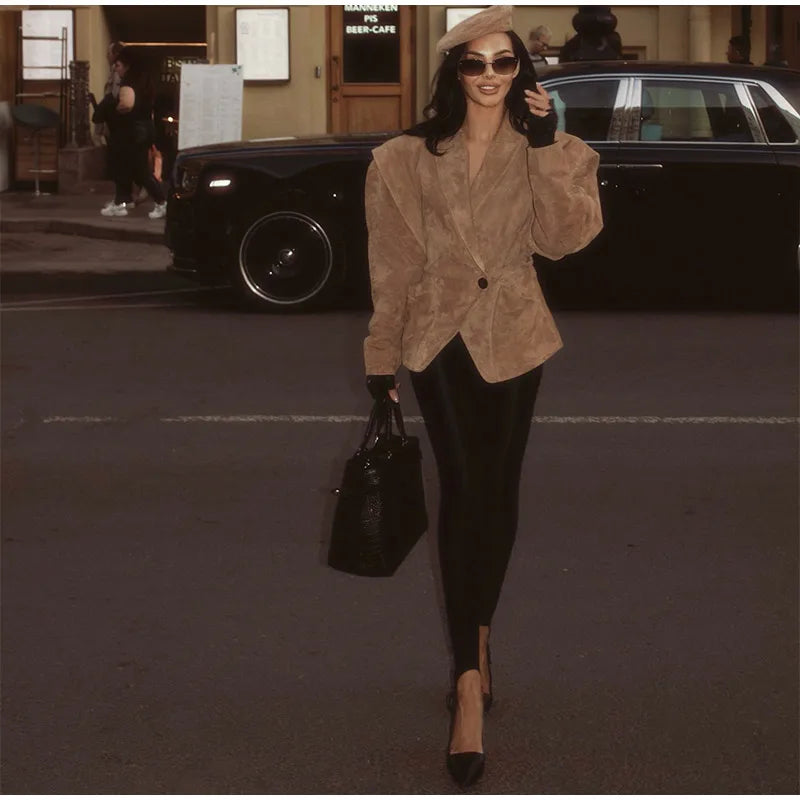 LIZAKOSHT  -  Retro Brown Lace Up Shorts Suede Jacket Elegant Female Lapel Long Sleeves Slim Coats Autumn Chic Lady High Street Outwear