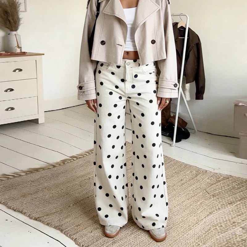 LIZAKOSHT  -  Women Polka Dot Wide Leg Jeans High Waisted Loose Fit Straight Leg Denim Pants Y2K Retro Trousers Preppy Streetwear