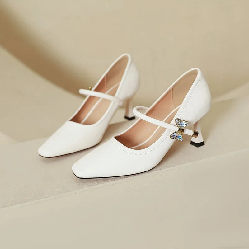 LIZAKOSHT  -  Fashion Elegant High Heels for Women Square Toe Thin Heels Office Shoes Fashion Shallow Diamond Bow Mary Jane Shoes Women Pumps