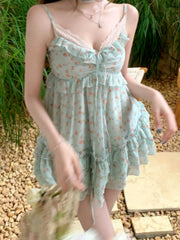 LIZAKOSHT  -  Summer French Coquette Floral Tie Front Spaghetti Strap Mini Dress Women Lace Trim Ruffle Ruched Party Date Night Casual Outfit