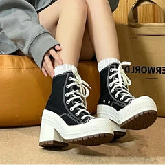 LIZAKOSHT  -  Women Platform Sneakers Canvas Shoes Personalized Luxry Heels Skateboard Lace Up Casual Fashion Outdoor Sneakers Plus Size 36-42