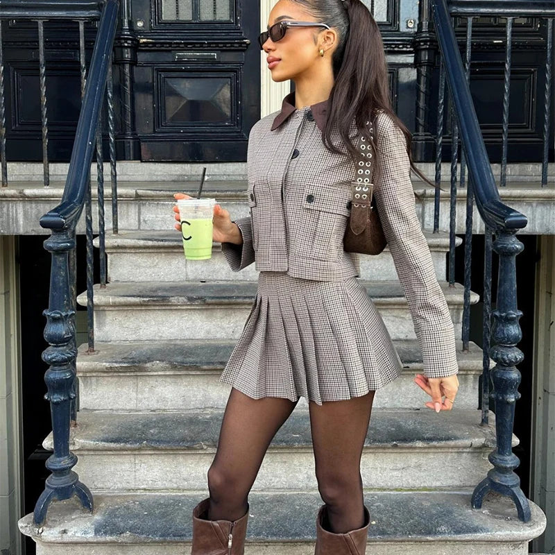 LIZAKOSHT  -  Plaid Short Jacket Pleated Skirt Set Women Chic Street Patchwork Collar Jackets Straight Pant 3 Piece Sets Lady Spring Outfit