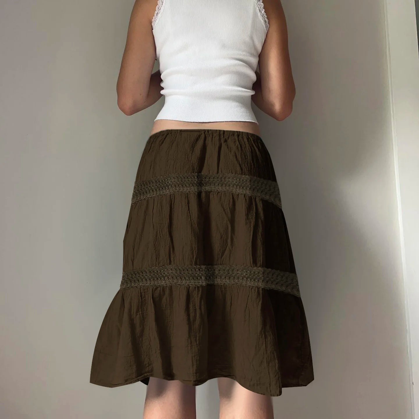 LIZAKOSHT  -  Vintage A-Line Beaded Tie-Waist Woven Skirt For Woman Chic Brown Lace Design Slim Mid-length Skirt Y2k Boho Clothes New