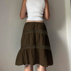 LIZAKOSHT  -  Vintage A-Line Beaded Tie-Waist Woven Skirt For Woman Chic Brown Lace Design Slim Mid-length Skirt Y2k Boho Clothes New