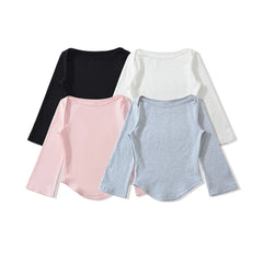 LIZAKOSHT  -  4 colors Summer Plain Color Slash Collar Jersey 3/4 Flare Sleeve Tee Women Skinny Slim fit Base Short T-shirts Crop Top Gray