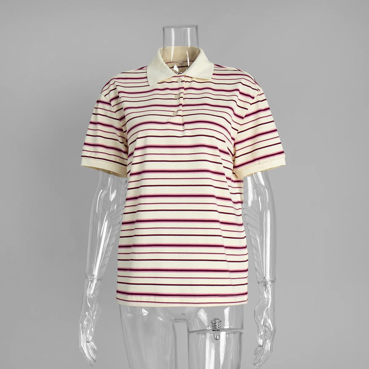 LIZAKOSHT  -  Women Summer Short Sleeve T Shirts Polo Neck Striped Design 95% Cotton Tees Summer Tops For Women Clothes