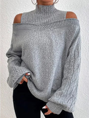 LIZAKOSHT  -  Female Solid Color High Neck Sweater New Long Sleeves Loose Hollow Cold Shoulder Casual Kintted Pullovers Tops